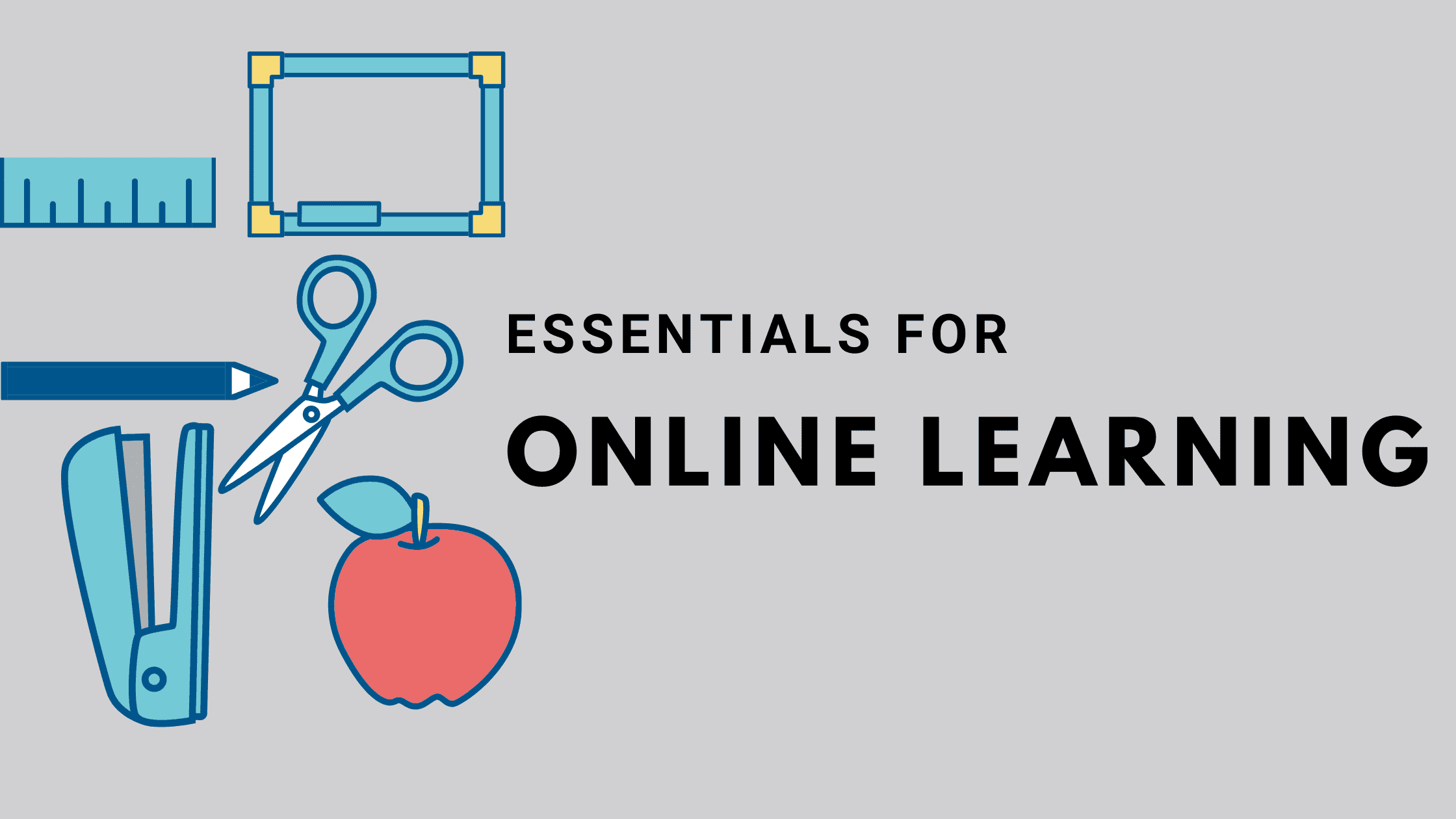 Illustration of school supplies: ruler, whiteboard, pencil, stapler, scissors, and an apple.